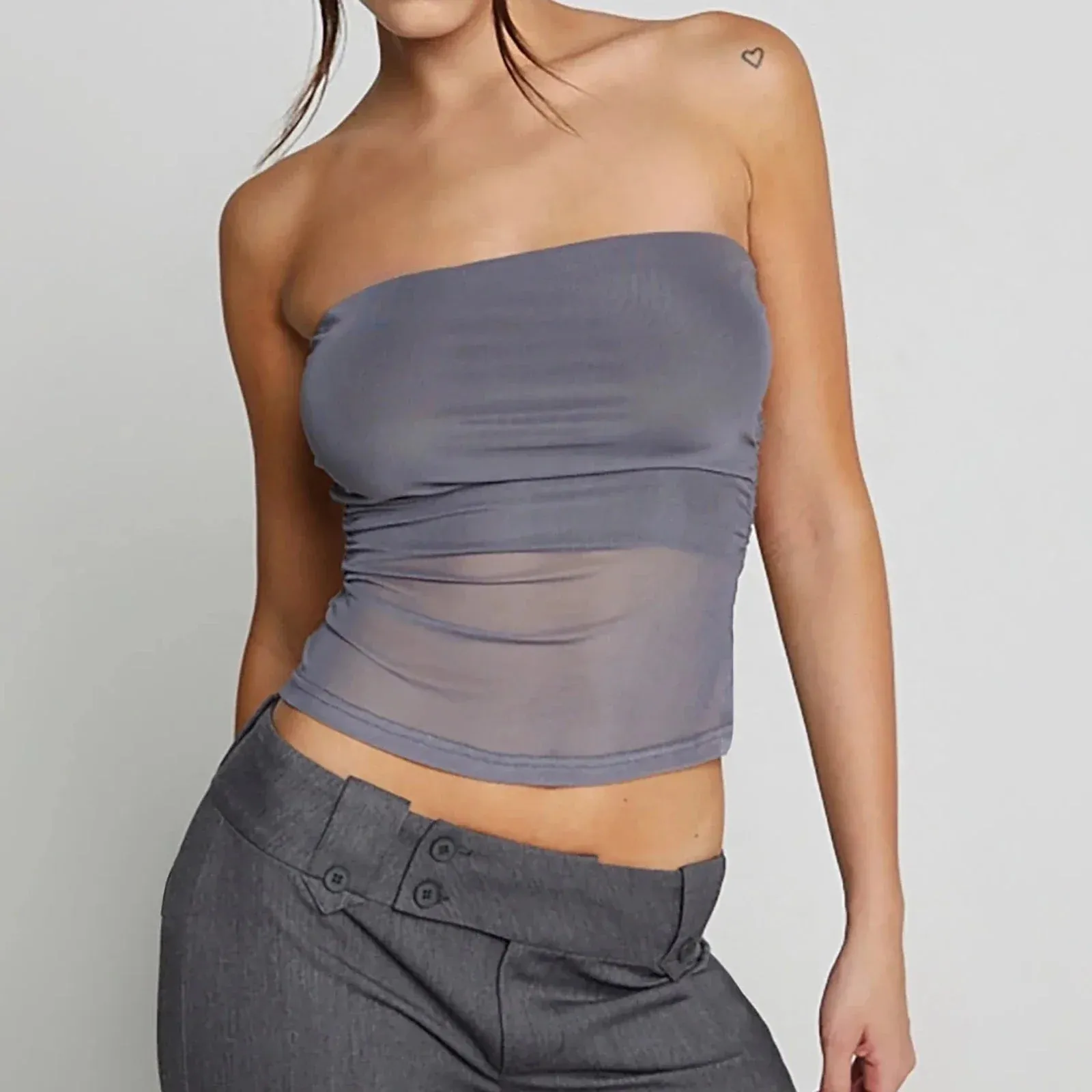 Mesh Tube Sheer Hem Bandeau Vest Backless Streetwear Aesthetic Grunge Tank Women Top