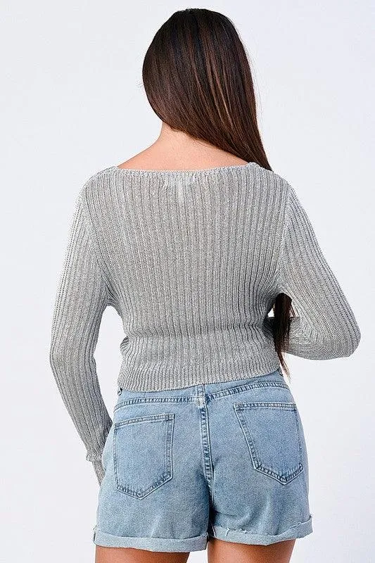 metallic cross front cropped sweater