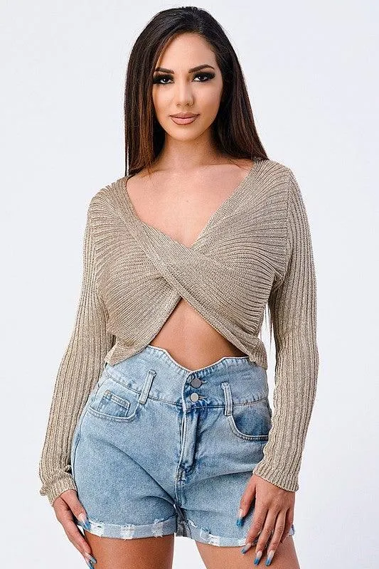 metallic cross front cropped sweater
