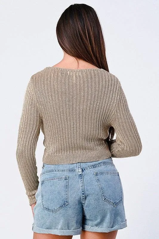 metallic cross front cropped sweater