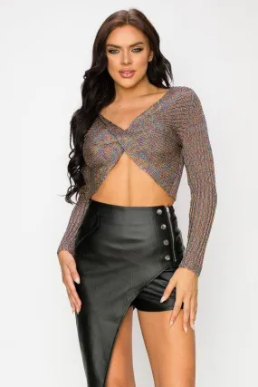 metallic cross front cropped sweater