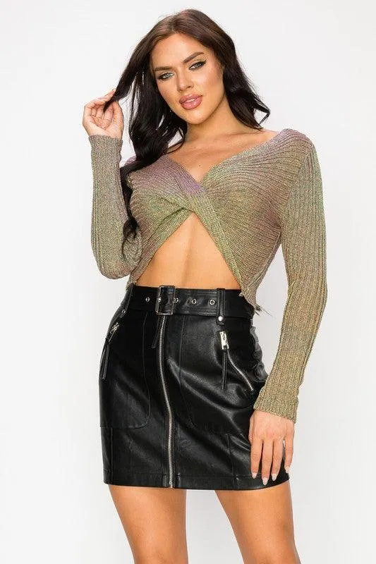 metallic cross front cropped sweater