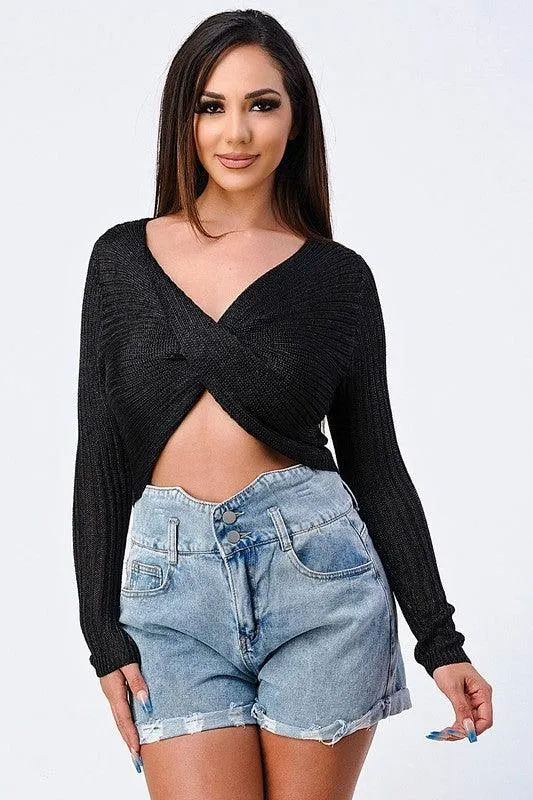 metallic cross front cropped sweater