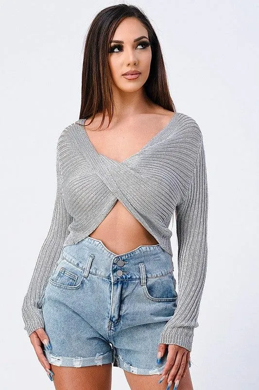 metallic cross front cropped sweater