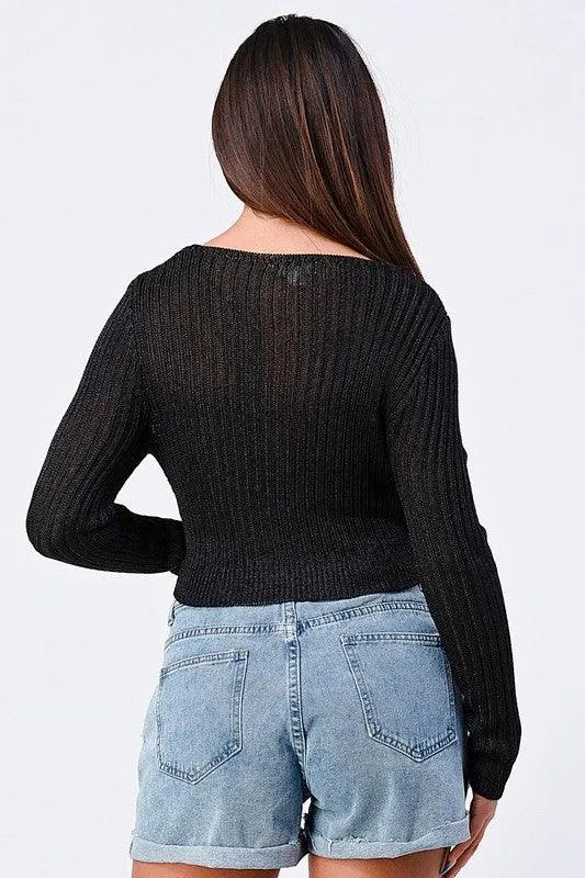 metallic cross front cropped sweater