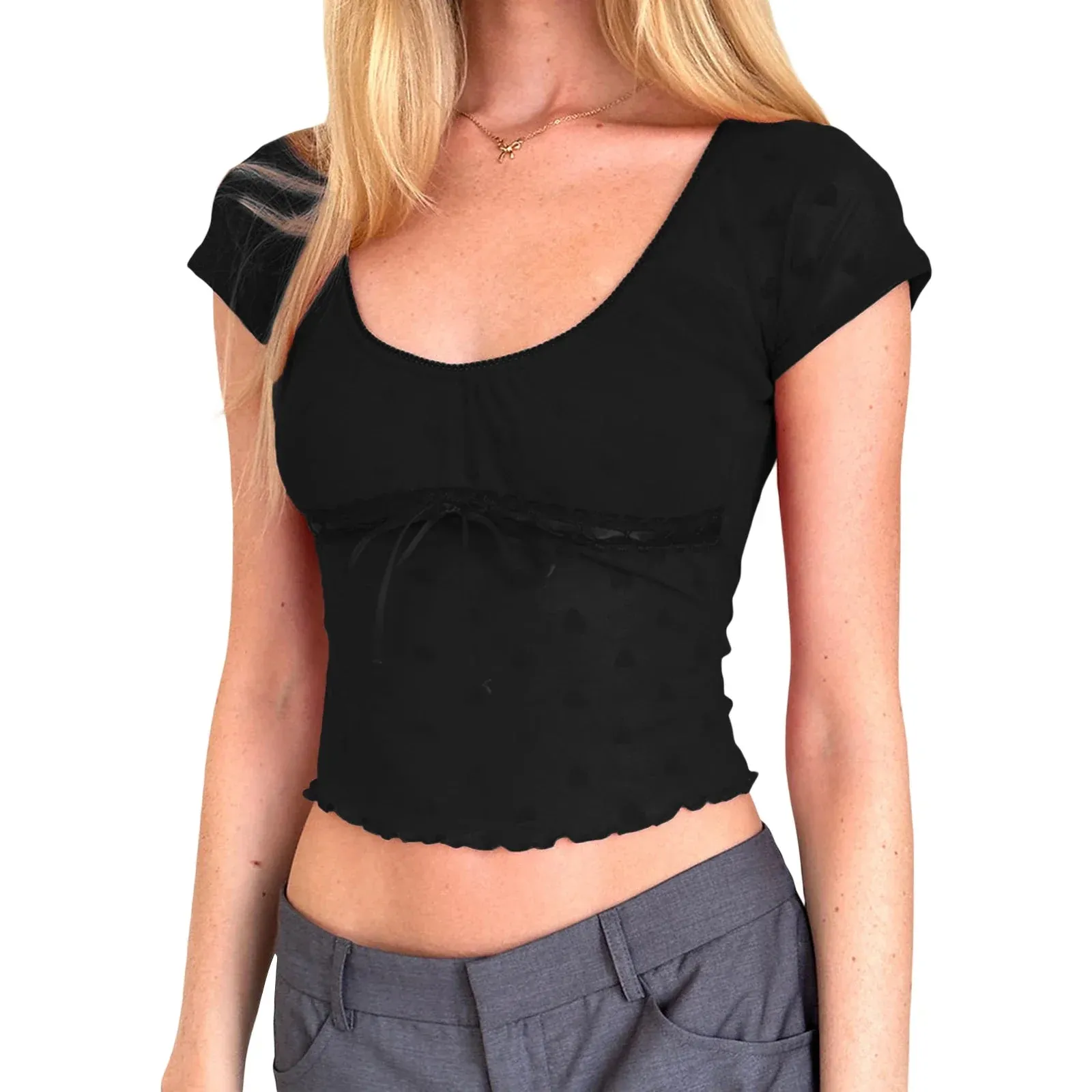 Pattern See-Through Lace Trim Tie-Up Slim Fit Crop Heart Top