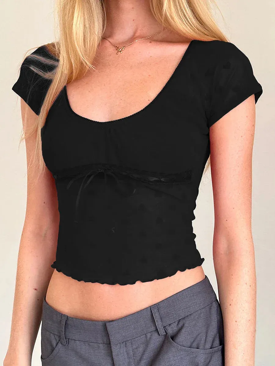Pattern See-Through Lace Trim Tie-Up Slim Fit Crop Heart Top