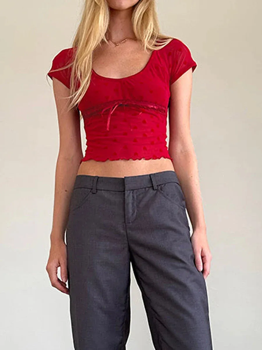 Pattern See-Through Lace Trim Tie-Up Slim Fit Crop Heart Top
