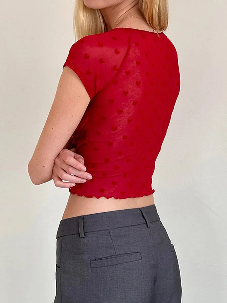 Pattern See-Through Lace Trim Tie-Up Slim Fit Crop Heart Top