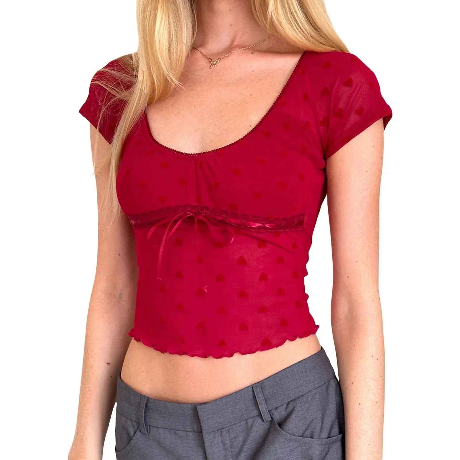 Pattern See-Through Lace Trim Tie-Up Slim Fit Crop Heart Top