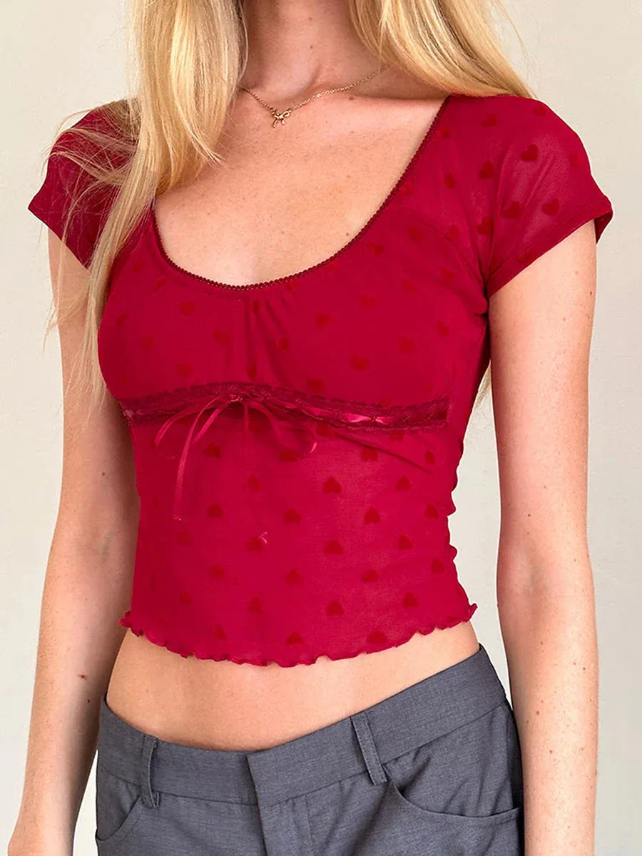 Pattern See-Through Lace Trim Tie-Up Slim Fit Crop Heart Top