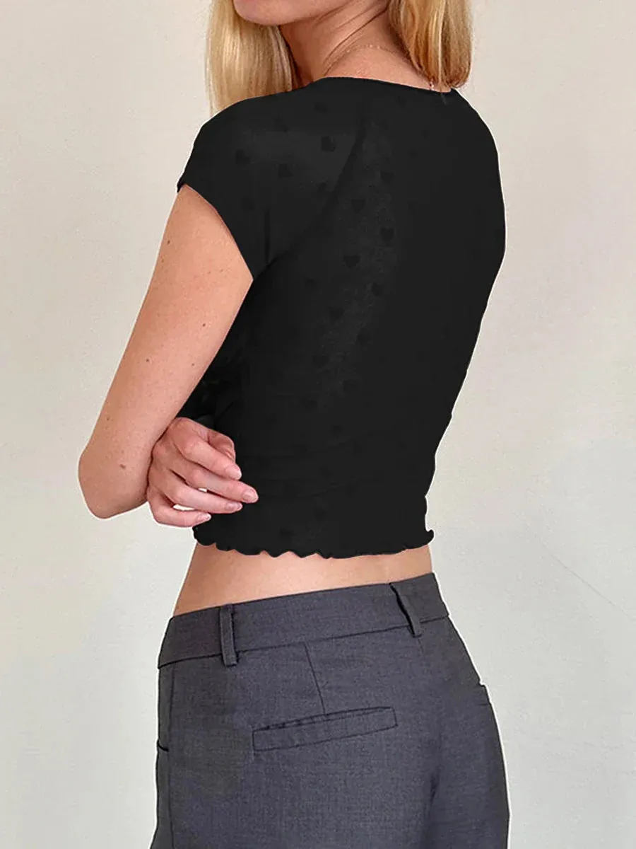Pattern See-Through Lace Trim Tie-Up Slim Fit Crop Heart Top