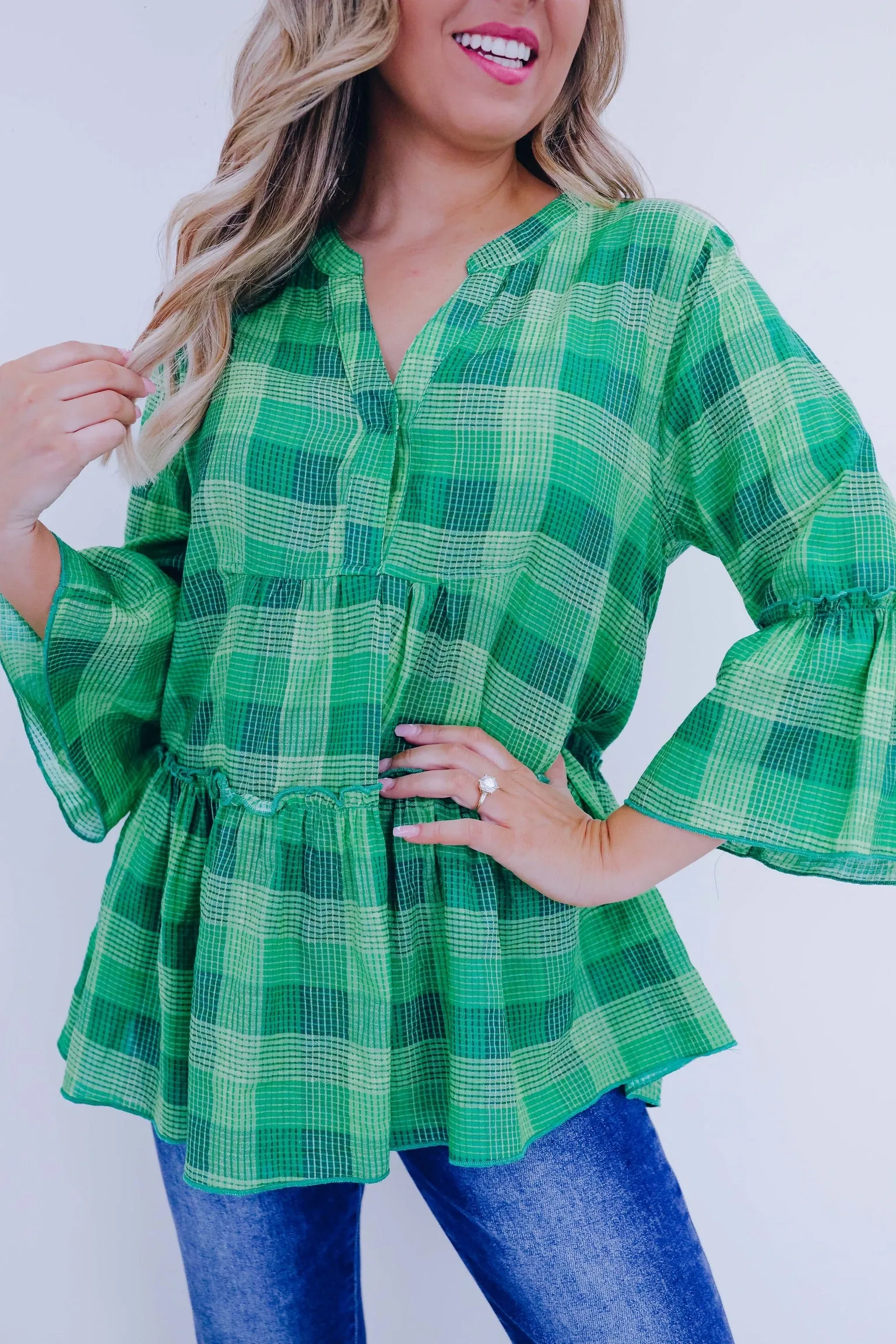 Prissy In Plaid Peplum Top - Green Multi