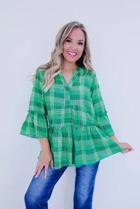 Prissy In Plaid Peplum Top - Green Multi