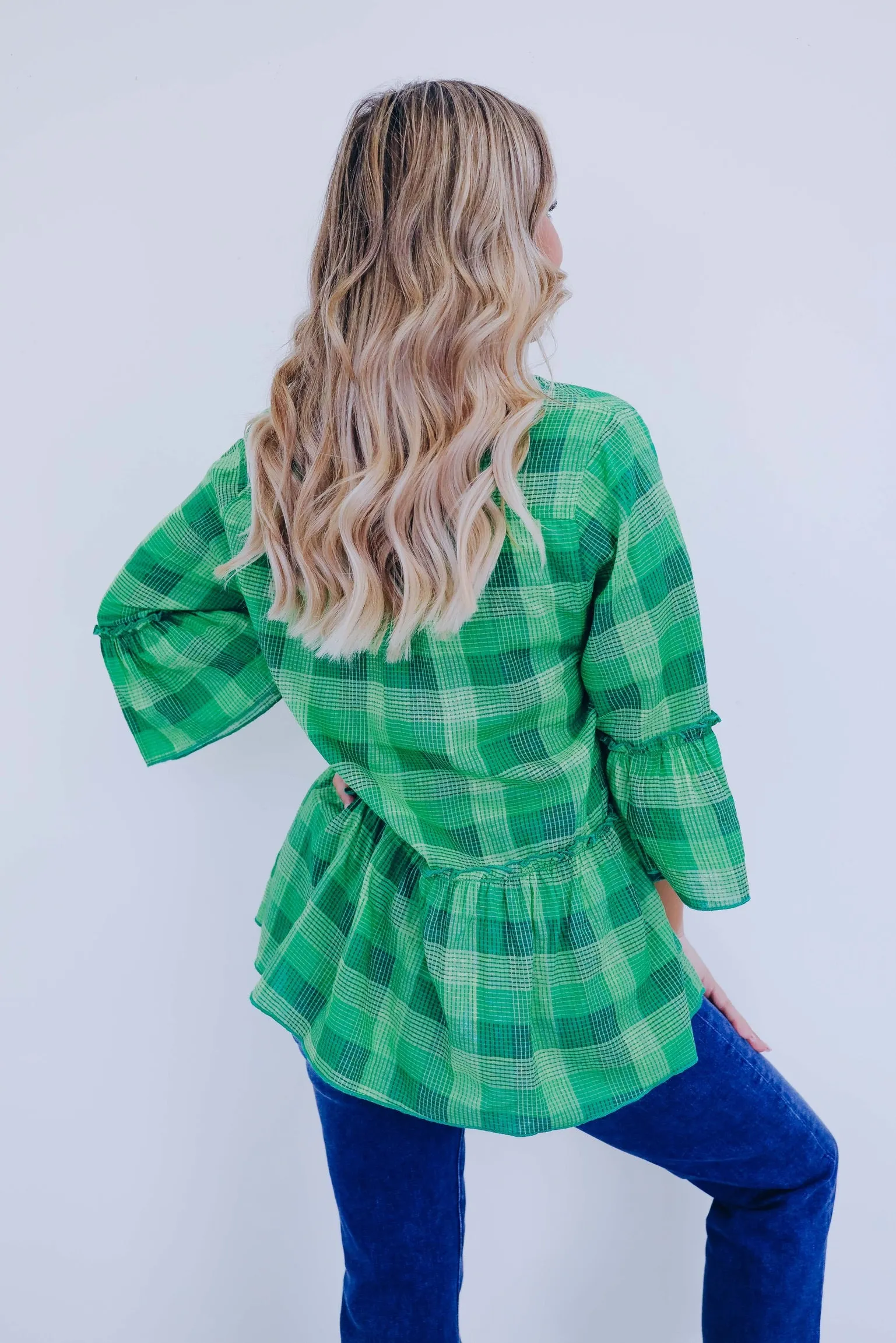 Prissy In Plaid Peplum Top - Green Multi