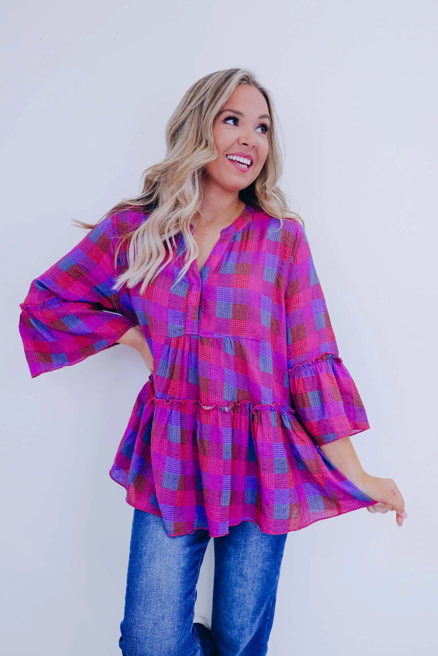 Prissy In Plaid Peplum Top - Pink Multi