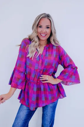 Prissy In Plaid Peplum Top - Pink Multi