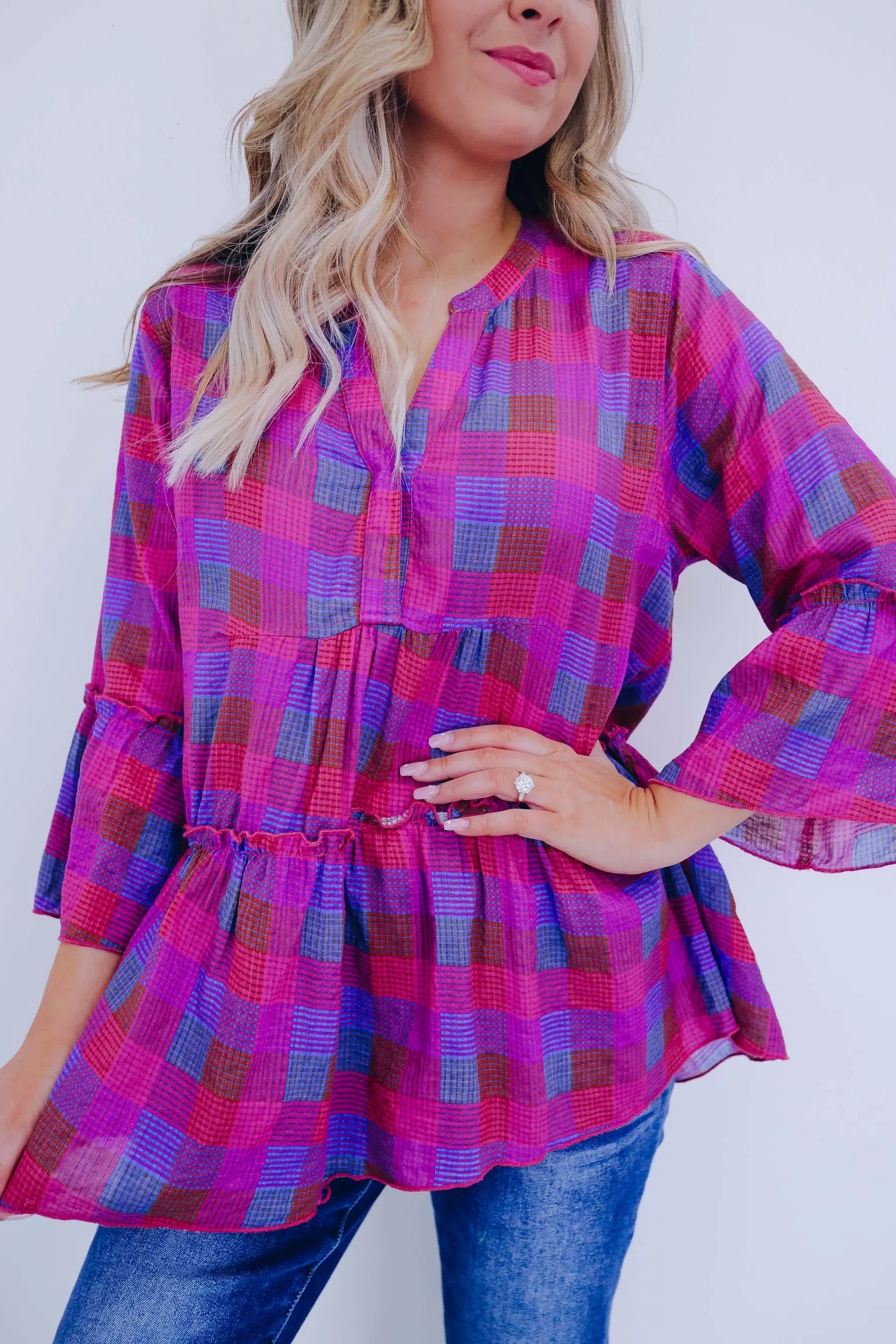 Prissy In Plaid Peplum Top - Pink Multi
