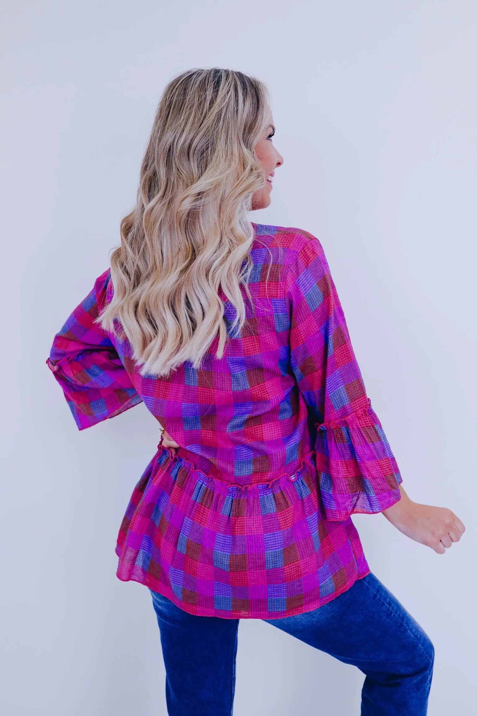 Prissy In Plaid Peplum Top - Pink Multi
