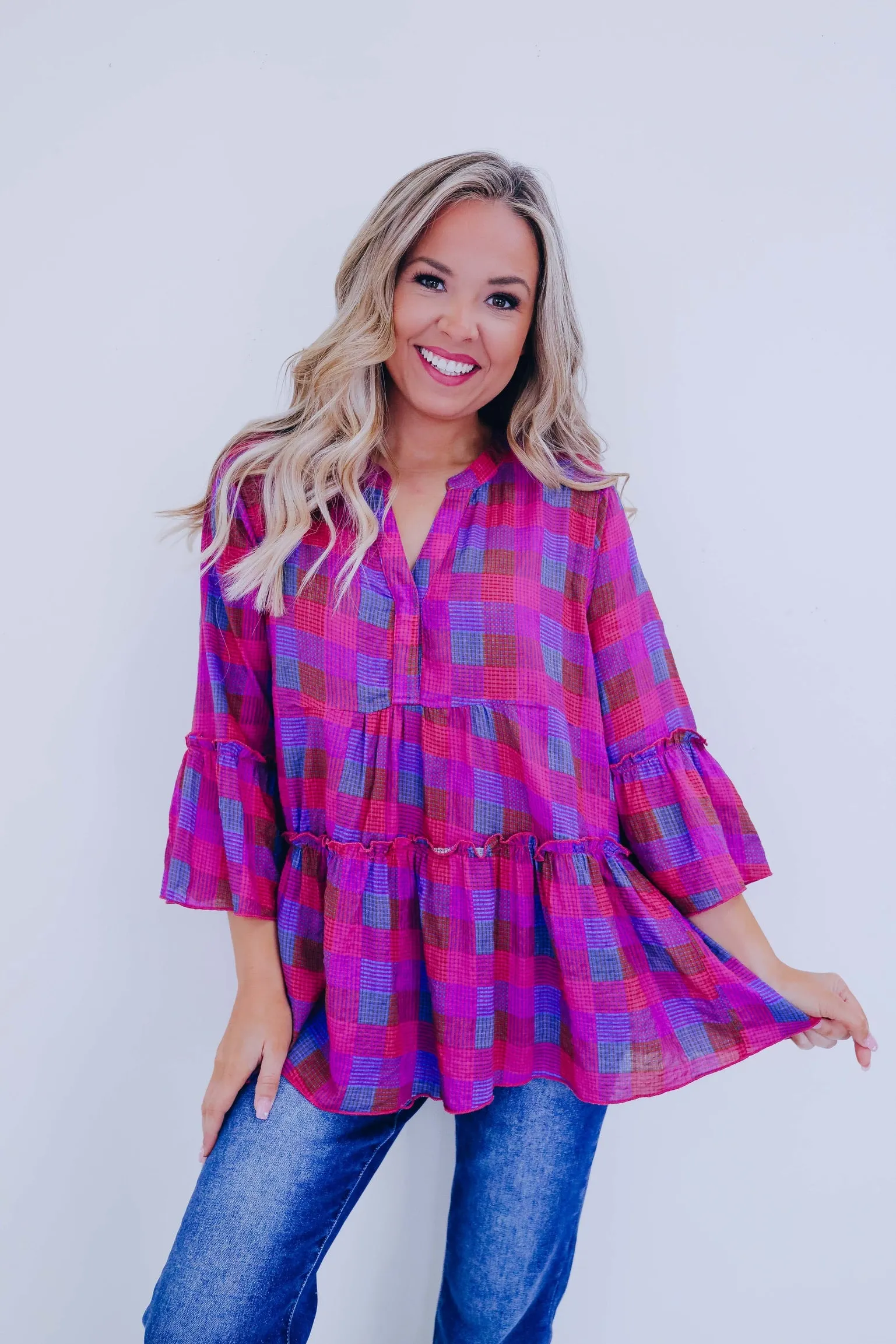 Prissy In Plaid Peplum Top - Pink Multi