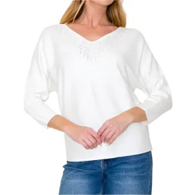 Rhine Stone V-Neck Dolman Sleeve Sweater