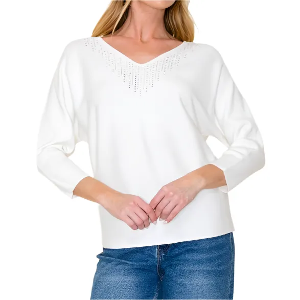 Rhine Stone V-Neck Dolman Sleeve Sweater