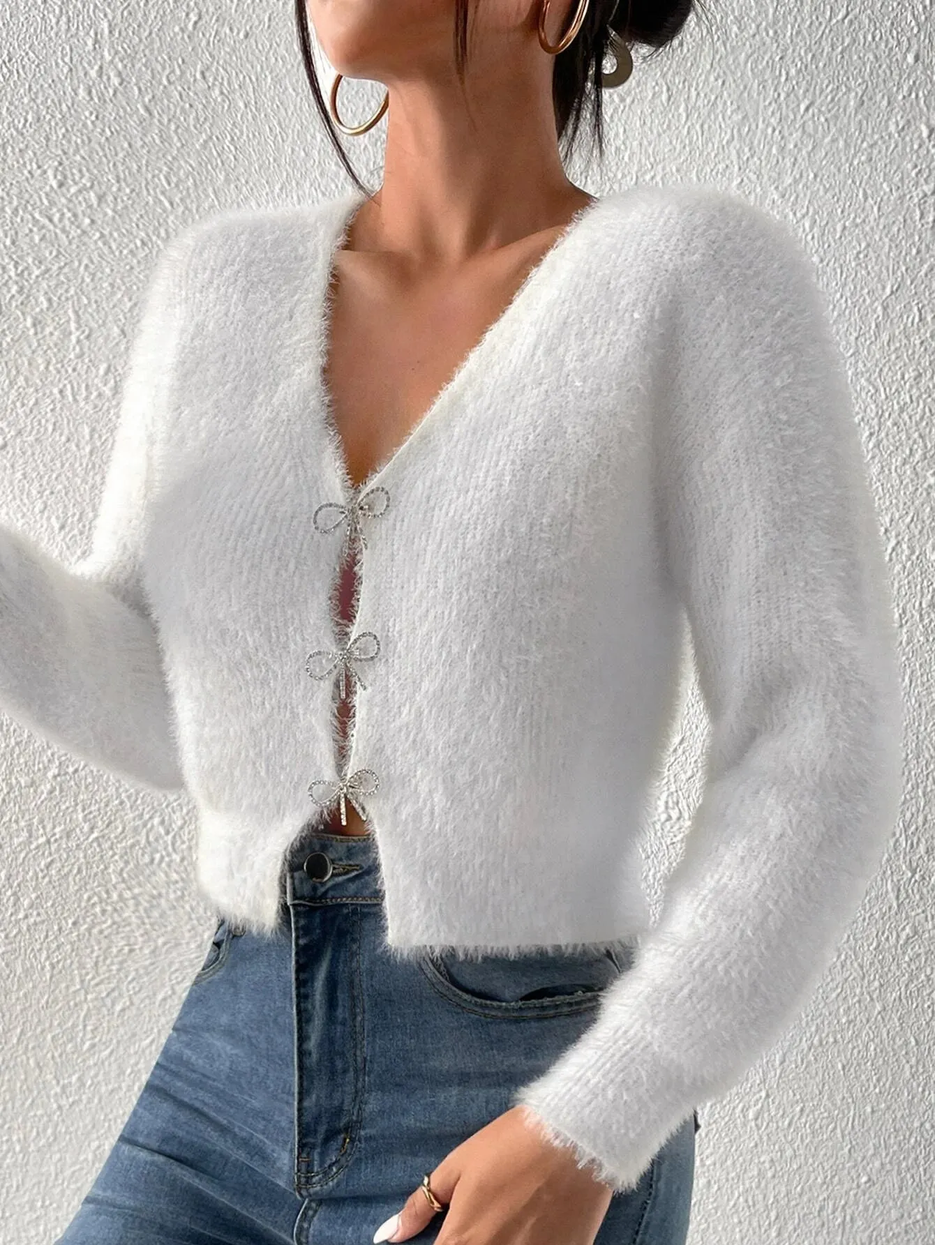 SHEIN Privé Date Night Rhinestone Bow Front Fluffy Knit Mohair Cardigan
