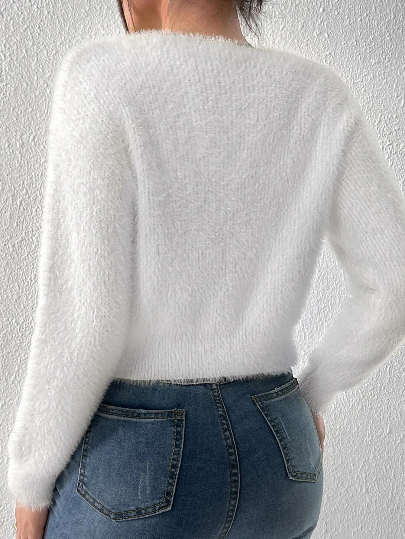 SHEIN Privé Date Night Rhinestone Bow Front Fluffy Knit Mohair Cardigan