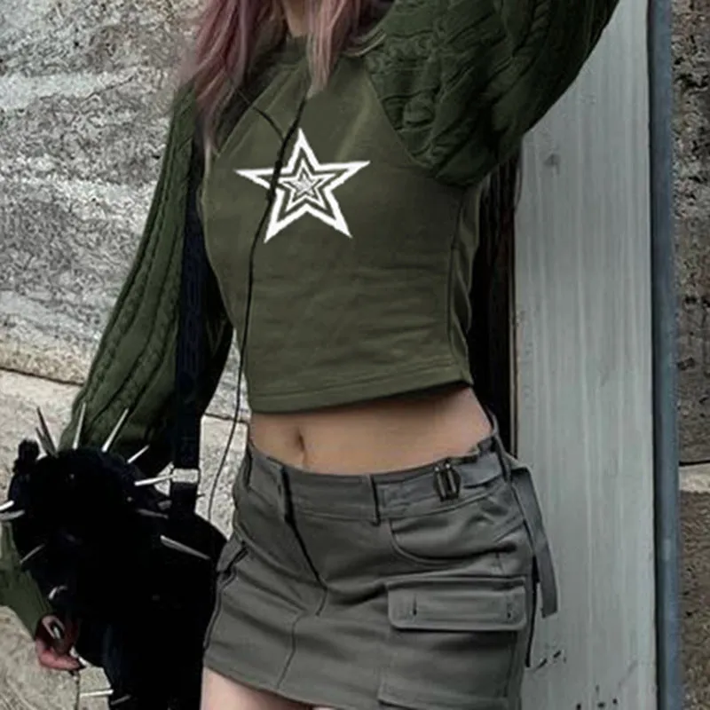 Star print splicing crop sweater round neck twist knits sleeves pullover for spice girls