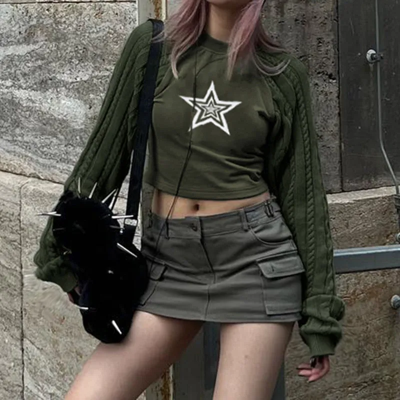 Star print splicing crop sweater round neck twist knits sleeves pullover for spice girls
