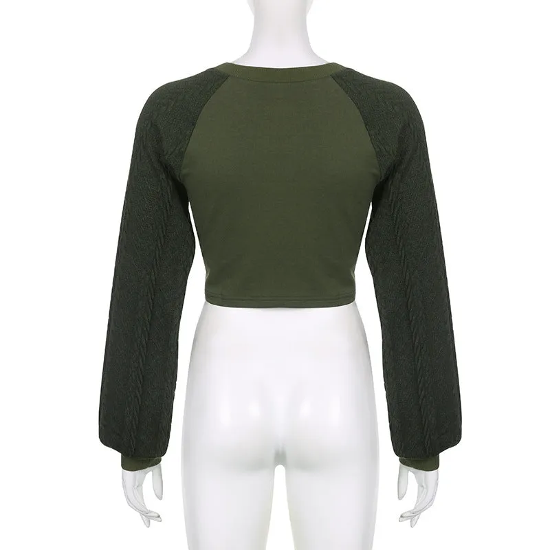 Star print splicing crop sweater round neck twist knits sleeves pullover for spice girls