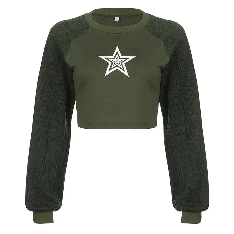 Star print splicing crop sweater round neck twist knits sleeves pullover for spice girls