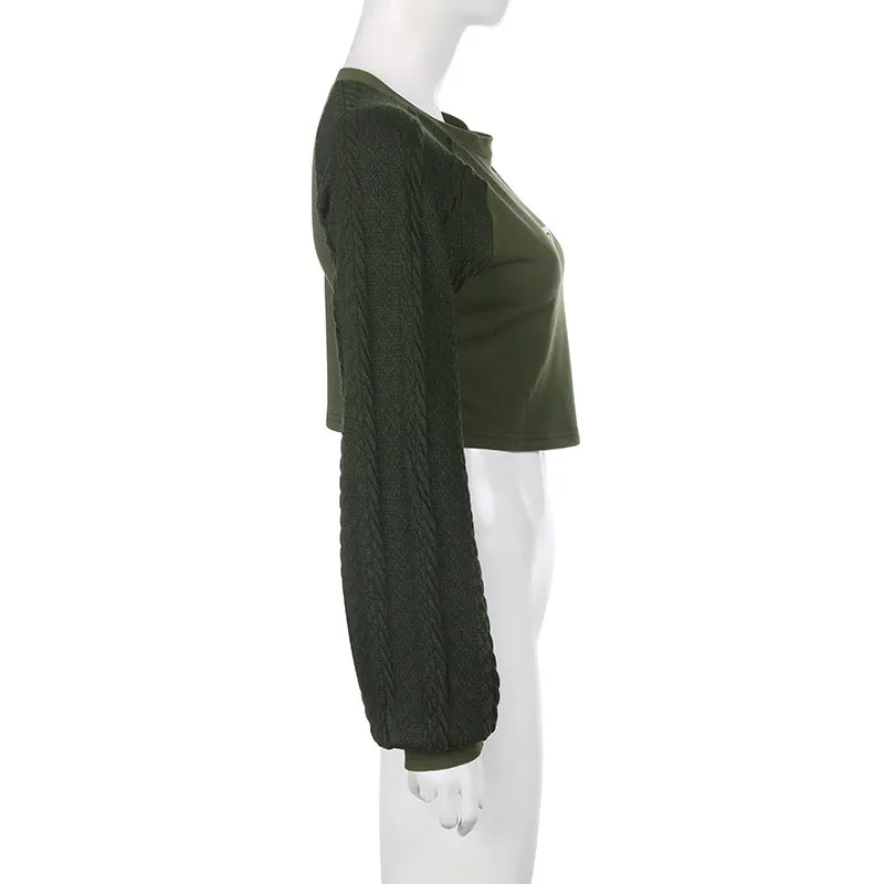 Star print splicing crop sweater round neck twist knits sleeves pullover for spice girls