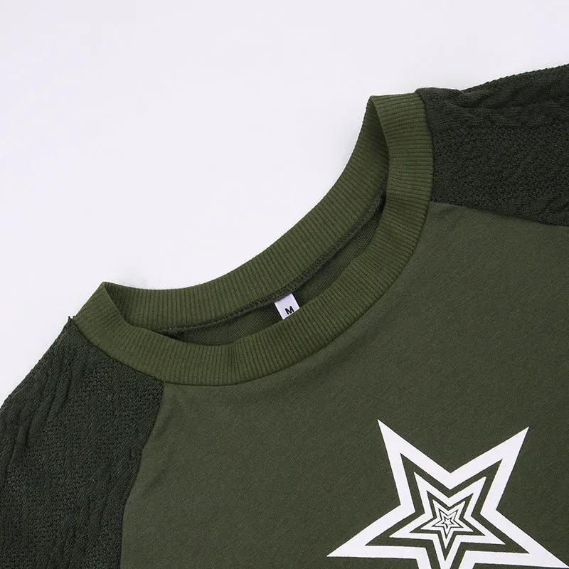 Star print splicing crop sweater round neck twist knits sleeves pullover for spice girls