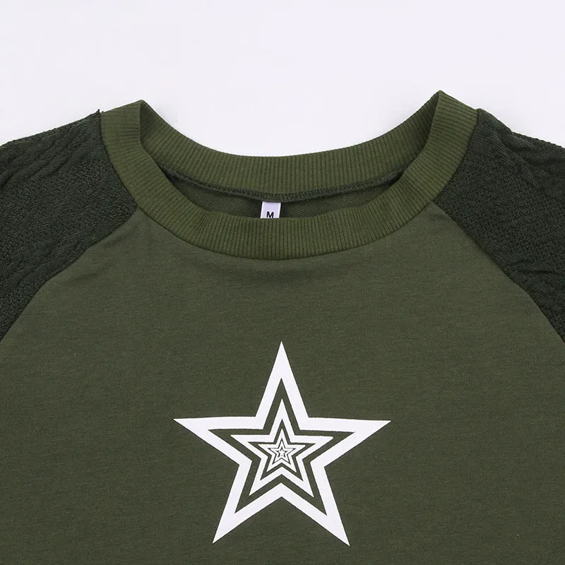 Star print splicing crop sweater round neck twist knits sleeves pullover for spice girls