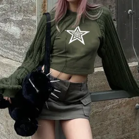 Star print splicing crop sweater round neck twist knits sleeves pullover for spice girls