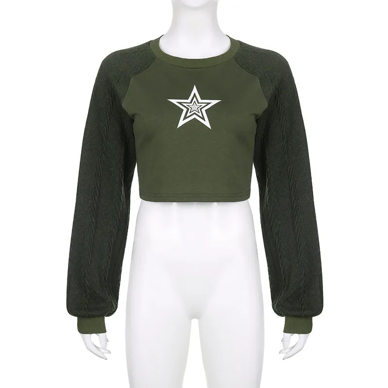 Star print splicing crop sweater round neck twist knits sleeves pullover for spice girls