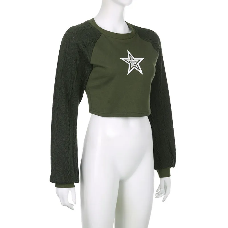 Star print splicing crop sweater round neck twist knits sleeves pullover for spice girls
