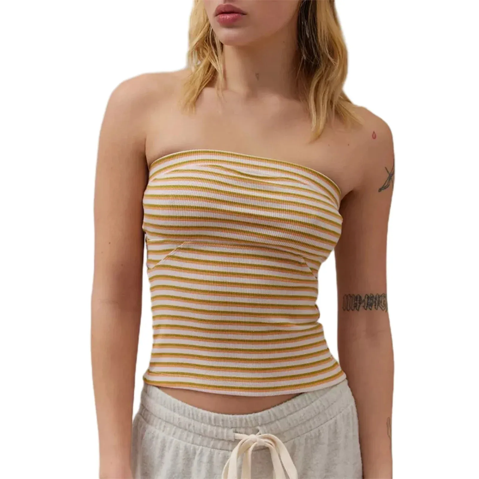 Women Knitted Ribbed Tube Solid Color Stripe Print Summer Bandeau Backless Streetwear Tank Y2k Top