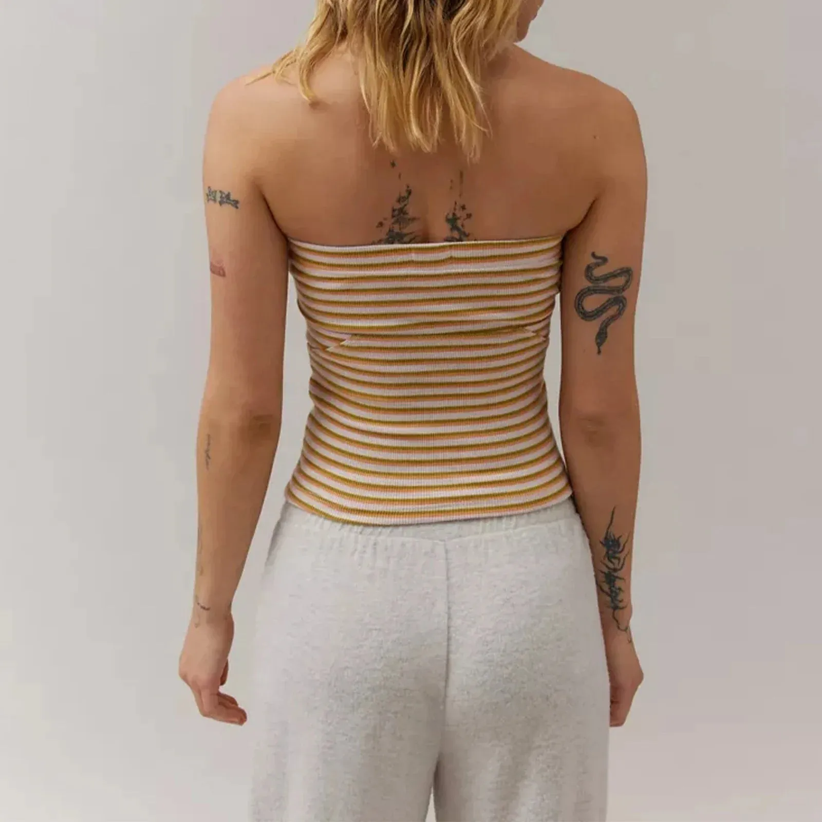 Women Knitted Ribbed Tube Solid Color Stripe Print Summer Bandeau Backless Streetwear Tank Y2k Top