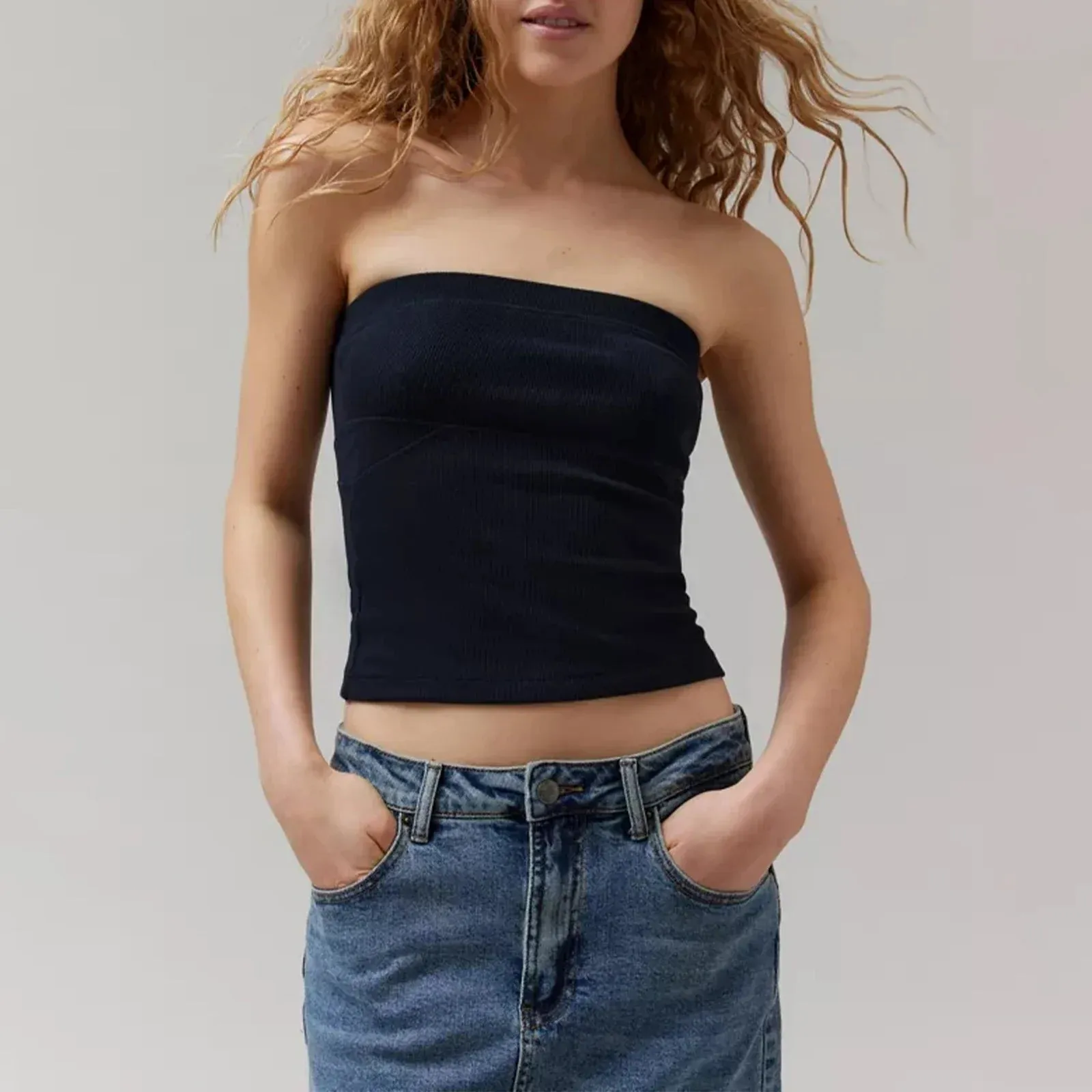 Women Knitted Ribbed Tube Solid Color Stripe Print Summer Bandeau Backless Streetwear Tank Y2k Top