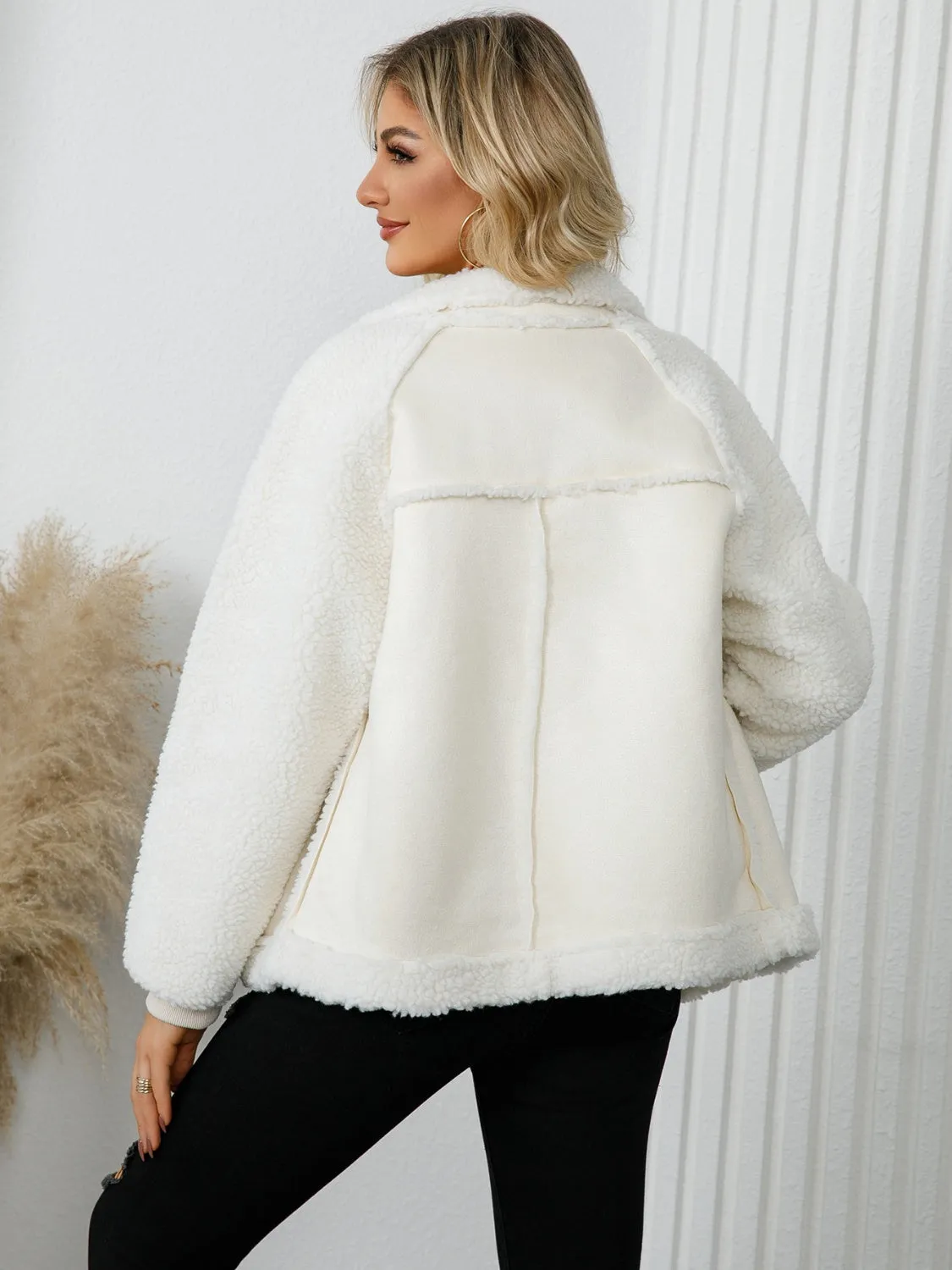 Womens Pocketed Sherpa Zip Up Long Sleeve Jacket (S-2XL)