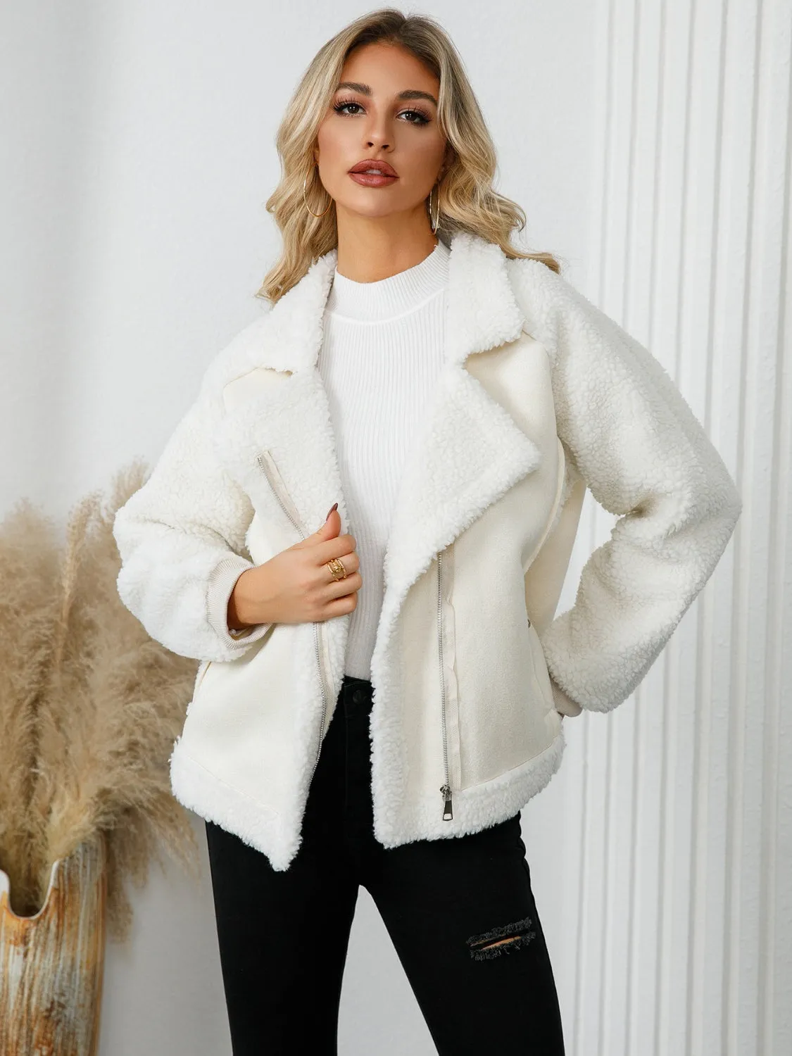 Womens Pocketed Sherpa Zip Up Long Sleeve Jacket (S-2XL)