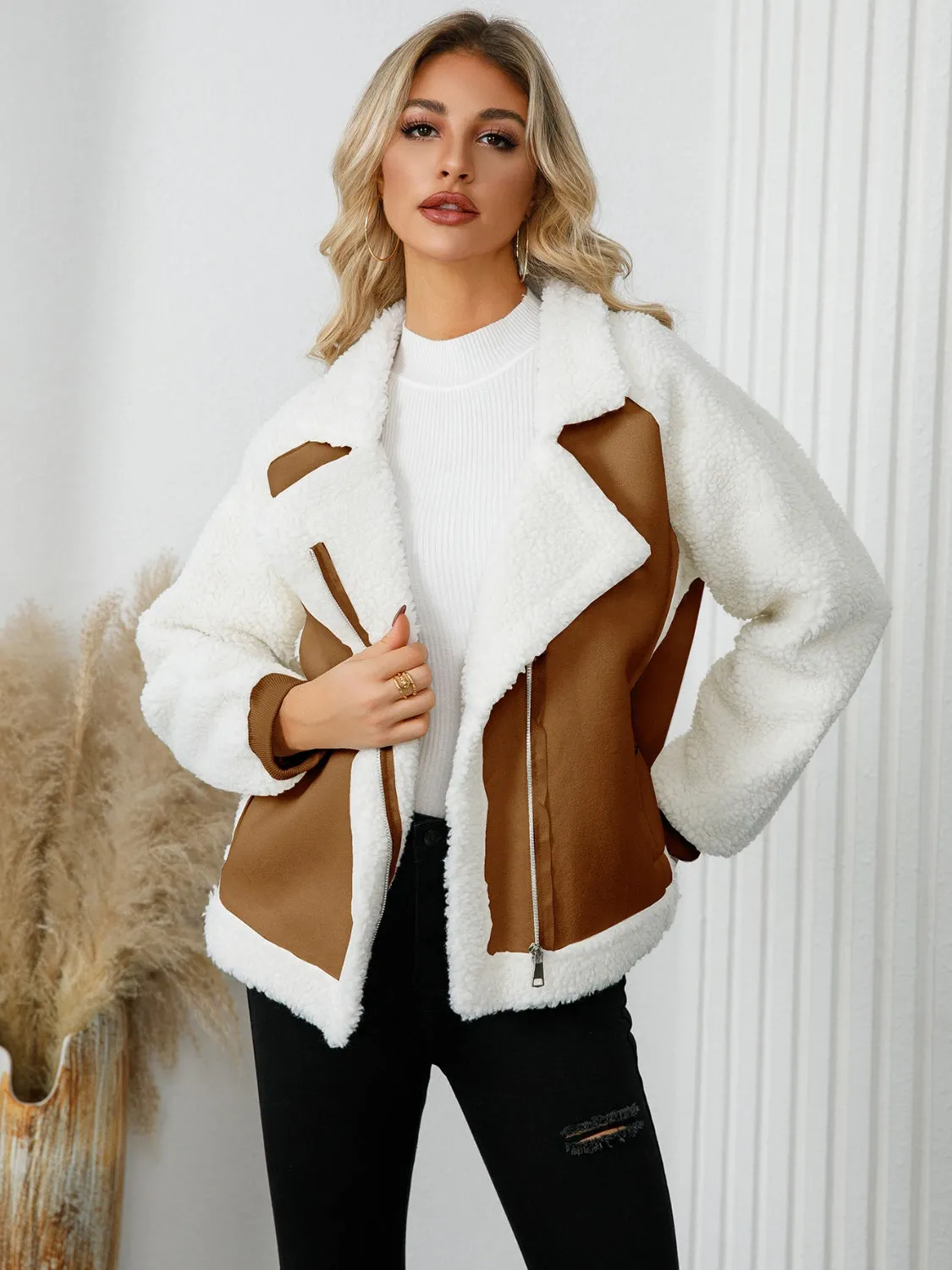 Womens Pocketed Sherpa Zip Up Long Sleeve Jacket (S-2XL)