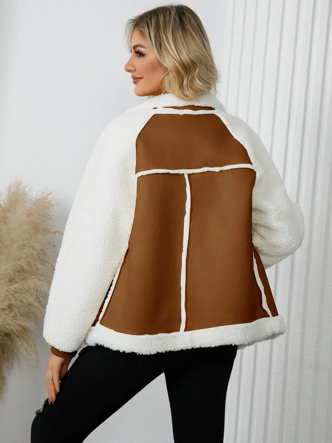 Womens Pocketed Sherpa Zip Up Long Sleeve Jacket (S-2XL)