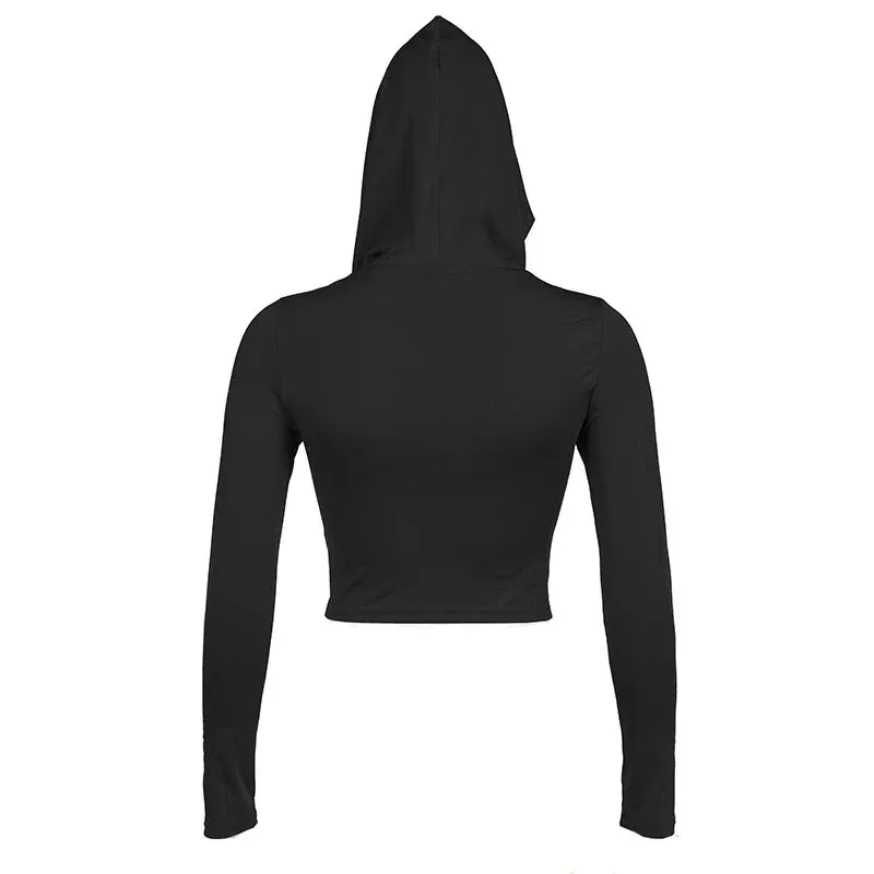 y2k Fashionable Hooded Crop Fit Black Sleeve Long Slim 2024 Sexy New Top Top