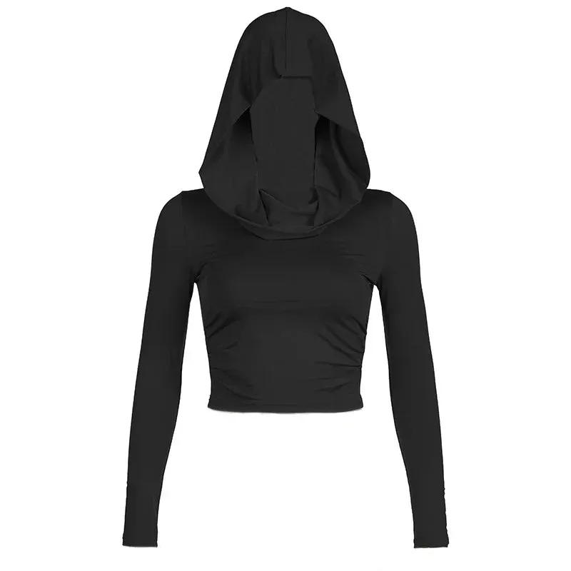 y2k Fashionable Hooded Crop Fit Black Sleeve Long Slim 2024 Sexy New Top Top
