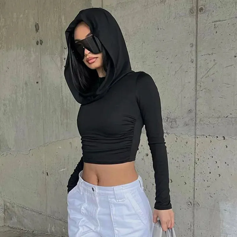 y2k Fashionable Hooded Crop Fit Black Sleeve Long Slim 2024 Sexy New Top Top