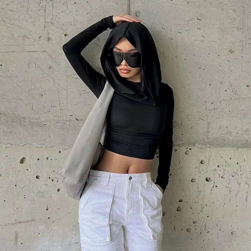 y2k Fashionable Hooded Crop Fit Black Sleeve Long Slim 2024 Sexy New Top Top