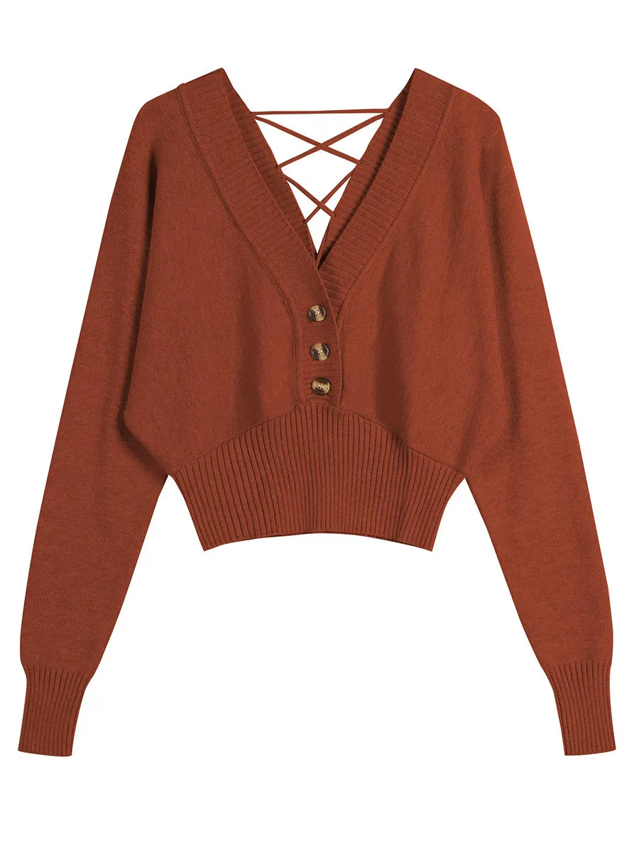 ZAFUL Women V Neck Button Knit Crop Sweaters Batwing Sleeve V Back Ribbed Hem Pullover Sweater